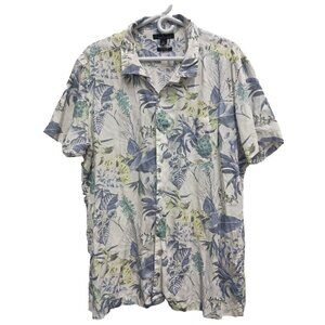 Marc Anthony Mens Hawaiian Shirt Size 2XL Blue Ivory Floral Slim Fit Button Up